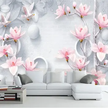 Papel de parede personalizado fresco e elegante 3d обои em relevo magnolia flor jóia de PLANO de fundo de parede de sala de estar e quarto em 3d papéis de parede