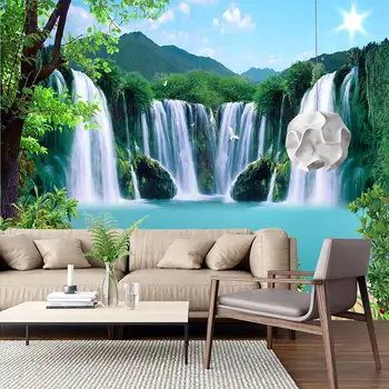 Personalizado cachoeira e lotus murais Bela paisagem natural Florestal água, pintura decorativa, decoração de Madeira, papel de parede 3D