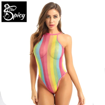 Picante Menina do arco-íris Listrado Arrastão Maiô Body Eco-Amigável da Embalagem