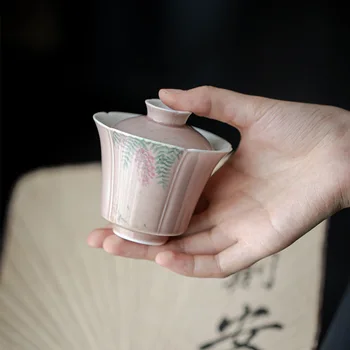 Pintados à mão wisteria flores xícara de Chá de Kung Fu Chá Domésticos de cerâmica único copo Coberto tigela de xícara de Chá de bacia