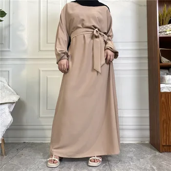 Punho elástico Sólido Correia Bolso Casual Elegante Vestido de Muçulmano Abayas para Mulheres Elegantes vestimenta Muçulmana Abaya Dubai, Turquia Islã Vestido