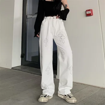 Punk estilo Harajuku moda branca de brim das mulheres solta reta perna de calça retrô de rua, mulheres de calças jeans corredores de roupas vintage