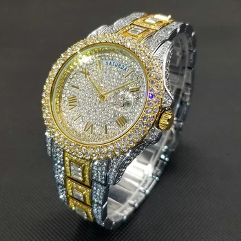 Quente Gelado Homens Relógios de Moissanite Diamante ouro Ouro Dupla Calendário Relógio Masculino Impermeável de Luxo Aço Data do Dia Relógio Masculino