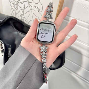 Relógio de luxo Banda para a Apple Assista 8 7 41 45mm 6 5 4 Mulheres de Aço Inoxidável, Pulseira Flor para o iWatch 49mm 44 40 42 38 MM Cinta