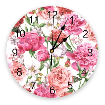 Rosa, Peônias E Rosas Relógio Sala De Estar Decoração Da Casa Redonda Grande Relógio De Parede Mudo De Quartzo Relógio De Mesa De Decoração Do Quarto De Parede Relógio
