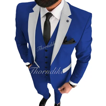 Thorndike Moda Azul Royal Homens de Terno Equipado Noivo Smoking de Casamento Padrinhos Formal de Homens Blazer de 3 peças Jaqueta Colete Calças de Terno