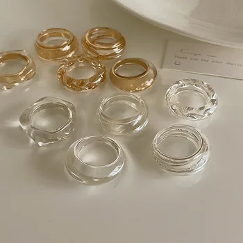 Transparente Rodada Resina Anel Bandas Irregulares Geométrica de Ouro, Cor de Prata Metal, Acrílico Anéis para as Mulheres coreano Moda Jóias