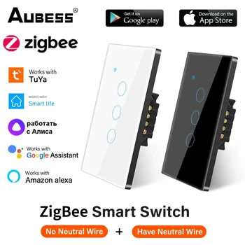 Tuya Zigbee Smart Switch 1/2/3gang Parede de Luz Sensor Touch-Control Painel de Vidro, Suporte de Vida Inteligente APP Alexa Inicial do Google de Controle