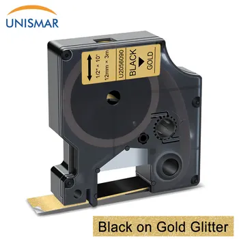 Unismar 12mm Rótulo para DYMO D1 2056090 Preto em Ouro Glitter Dymo D1 COLORPOP Fitas Compatíveis para LabelManager 160 280 Impressora