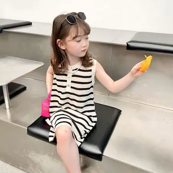 Verão, as Meninas de Vestido de 2023 Novo Estilo coreano Simples Solta Colete Listrado de T-Shirt Dresss Crianças de Roupas infantis Vestido Casual Q370