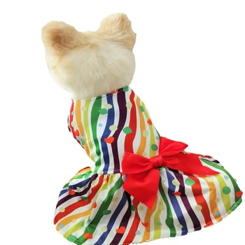 Vestido de Roupas para Cães Gato Cachorro de Estimação Roupas Coloridas Pequeno arco-íris Ponto de Impressão Bowknot Saia Primavera Verão Yorkshire Acessórios