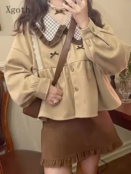 Xgoth Outono Kawaii Terno Feminino Mauricinho coreano Japonês Menina Gola Peter Pan Emenda Laço Camisa+Saia Curta com Fungo Borda Definida