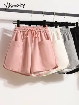 Yitimoky Shorts de Cintura Alta para as Mulheres 2023 Novo Cordão 2 Bolsos coreano Moda de Perna Larga Shorts Casual Chic Prink Shorts